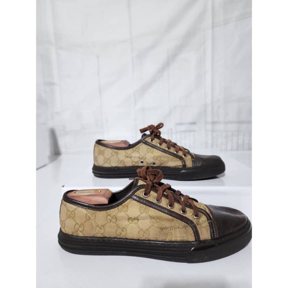 Authentic Gucci Leather And Monogram Canvas Lace Up Sneakers Brown/Beige Size 7. - Picture 3 of 16